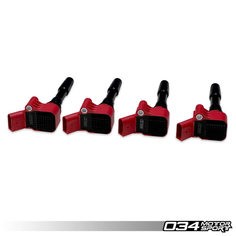 Lot de 4 bobines d'allumage haute puissance rouges 034Motorsport pour moteurs EA8XX (type MQB)